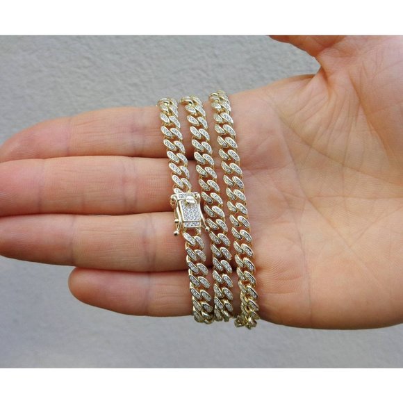 Icy Cuban Curb Pave CZ Chain, Gold Miami Necklace Real Gold Plated 925 Silver - Picture 2 of 7